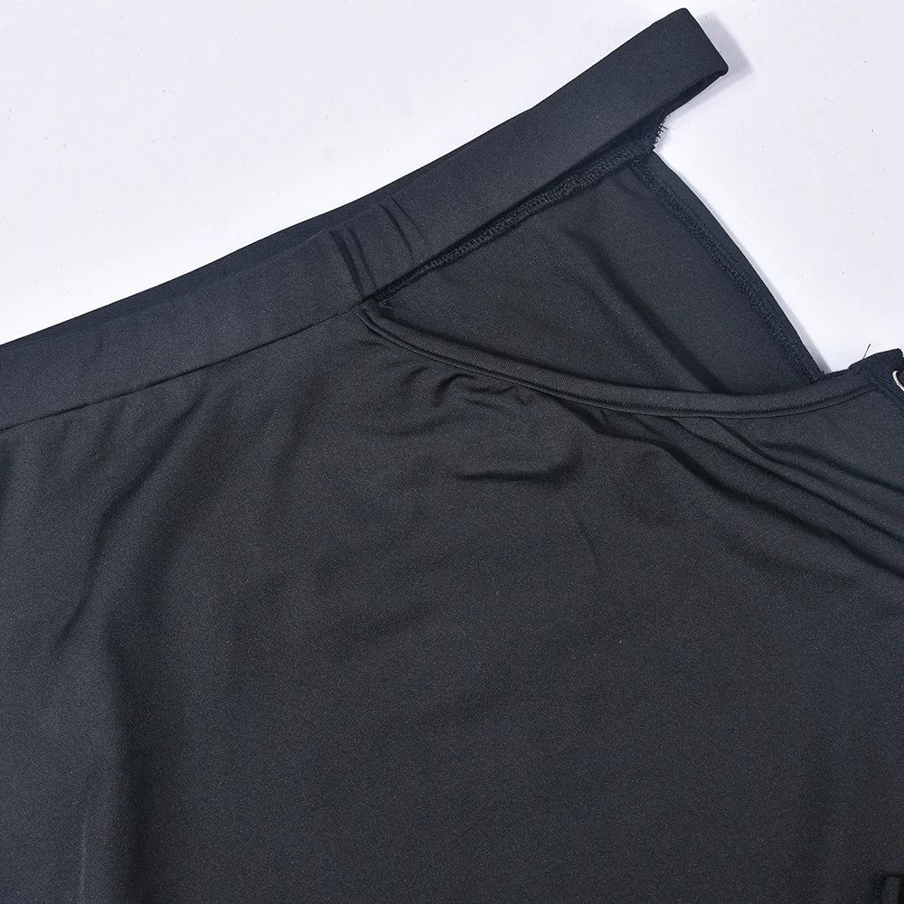 Sexy 2 Piece Set Women Y2K Irregular Hollow Shorts Sleeve Crop Tops+Shirring Side Split Skirts Chic Matching Clubwear