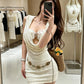 Sexy 2-Piece Set Women Sequin Sun Metal Decoration Tank Tops+Hooded Swing Collar See Through Dress Summer Streetwear