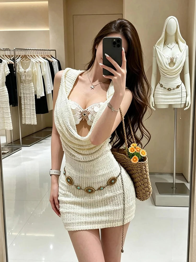 Sexy 2-Piece Set Women Sequin Sun Metal Decoration Tank Tops+Hooded Swing Collar See Through Dress Summer Streetwear