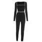 Casual Tracksuit 2-Piece Set Women White Edge Square Collar Crop Top+Leggings Fitness Stretch Slim Matching Outfits