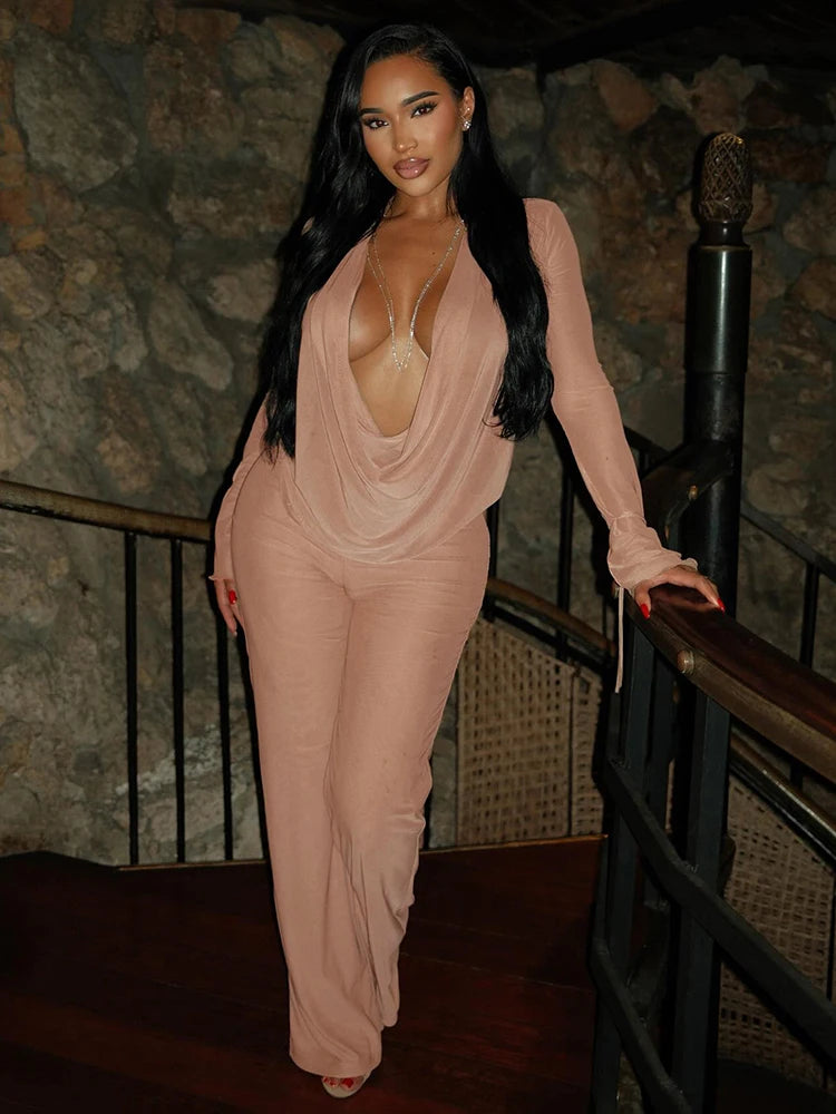 See Through Women 2 Piece Set Sexy Coquette Full Sleeve Swing Collar Tees+Straight Pants Simple Matching Clubwear