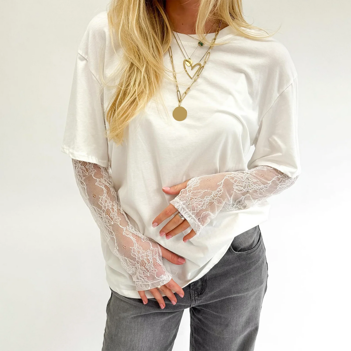 Fashion Women Round Neck T-Shirts Lace Long Sleeve Casual Shirts Spring Fall Loose Fit Tops Y2K Vintage Streetwear