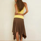 Color Blocking Design 2 Piece Set Woman Low-Neck Backless Navel Exposed Tops+Irregular Hem Long Skirts Elegant Suits