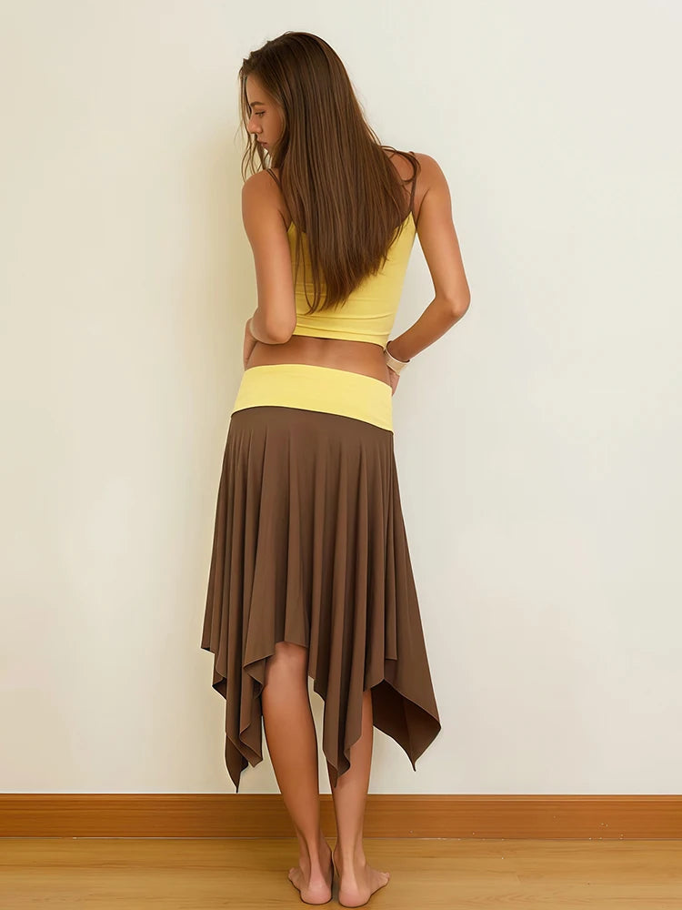 Color Blocking Design 2 Piece Set Woman Low-Neck Backless Navel Exposed Tops+Irregular Hem Long Skirts Elegant Suits