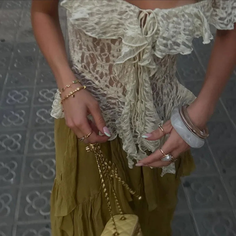 See Through Lace T Shirts Woman Sexy Irregular Ruffled Off The Shoulder Tops