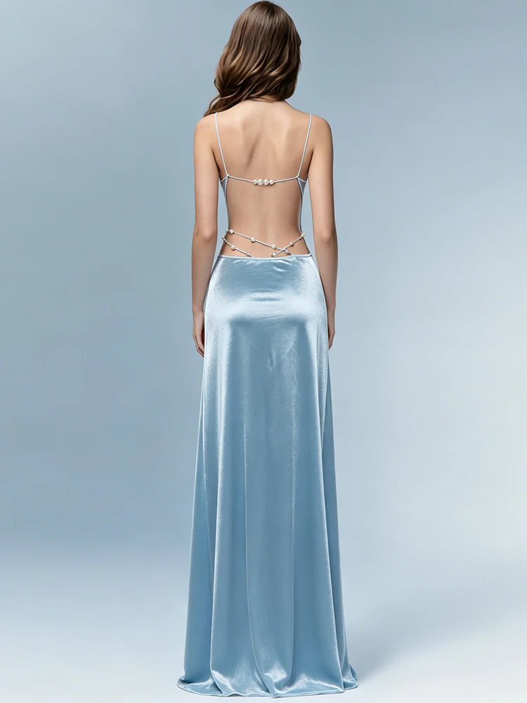 Backless Bead Patchwork Satin Dress Women Elegant Swing Collar Sleeveless Trend Fashion Classic Party Club Bodycon