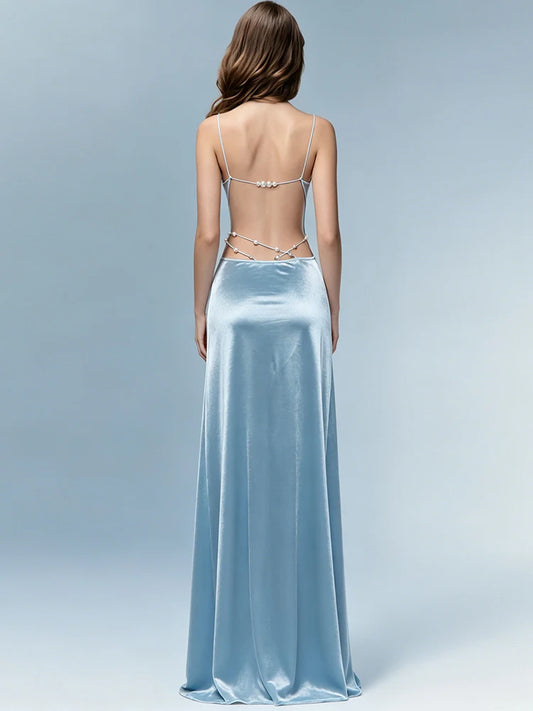 Backless Bead Patchwork Satin Dress Women Elegant Swing Collar Sleeveless Trend Fashion Classic Party Club Bodycon