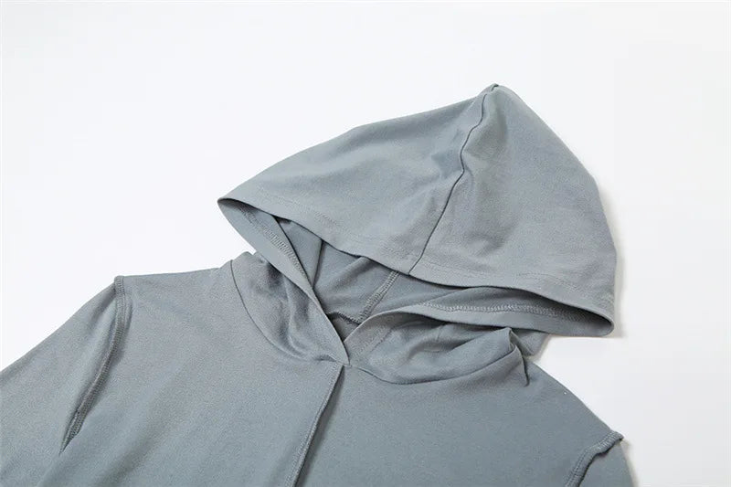 Casual Contrast Stitch Hooded Long Sleeve Dress for Women Y2k Baddie Streetwear Fashion Maxi Dress Grey