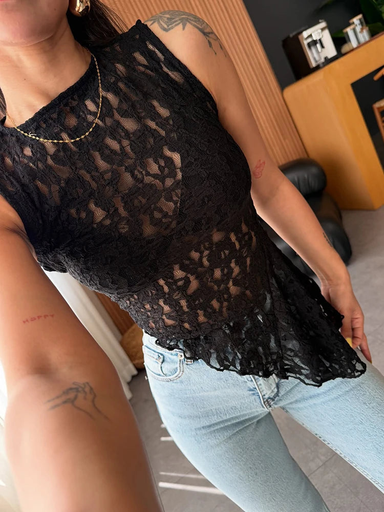 Summer Lace Sexy Tank Top Women Fashion O Neck See Through Sleeveless Tank Tops Vest Female Elegant Irregular Top Tees