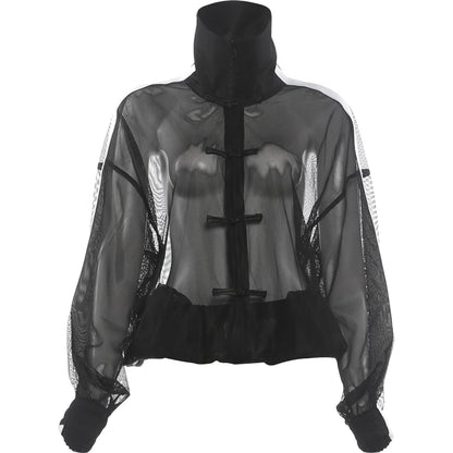 Autumn Mesh Patchwork T-Shirts Woman Bow Decoration Zip Stand Collar Full Sleeve Hot Girls High Street Fashion Style Tees