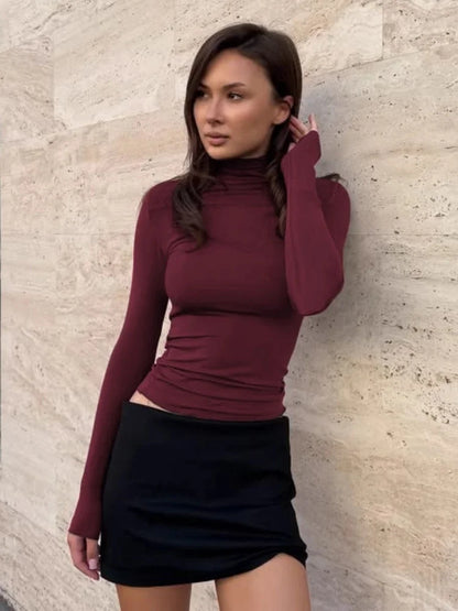 Turtleneck Long Sleeve Tees Basic Solid Color Fitted T Shirts Fall Winter Tops for Woman Clothes