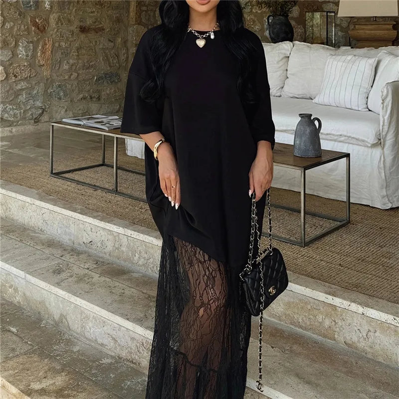 Women Oversized T Shirt Lace Maxi Dress 2 In 1 Sheer Mesh Long Dress Short Sleeve Loose Casual Summer Party Streetwear