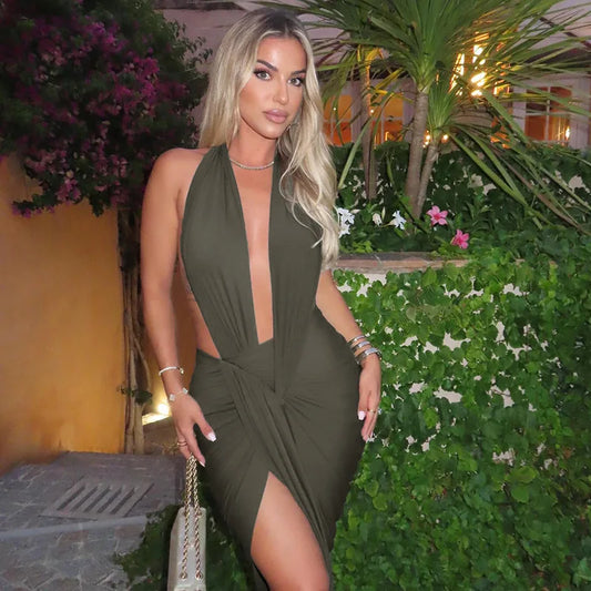 Deep V Halter Backless Split Long Dresses Sexy Outfits Woman Clothing Club Wear Party Dress