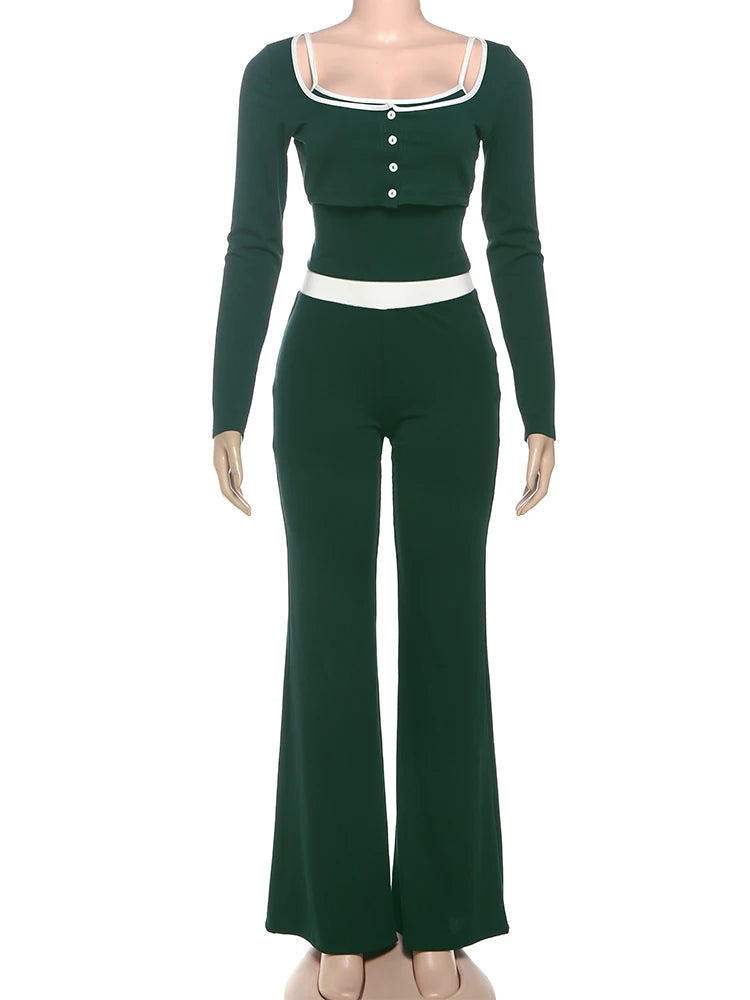 Fashion Casual 3Piece Set Women Tracksuit Patchwork Crop Top+Camisole+Flare Pant Matching Activity Stretch Street Outfits