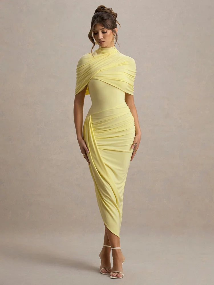 Asymmetrical Ruched Backless Long Dresses Red White Yellow Elegant Evening Party Dress Woman Birthday Outfits