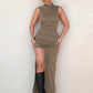 Summer Ruched Split Maxi Dress Women Gown Fashion Solid O Neck Sleeveless High Waist Tank Dress 2025 New Dresses