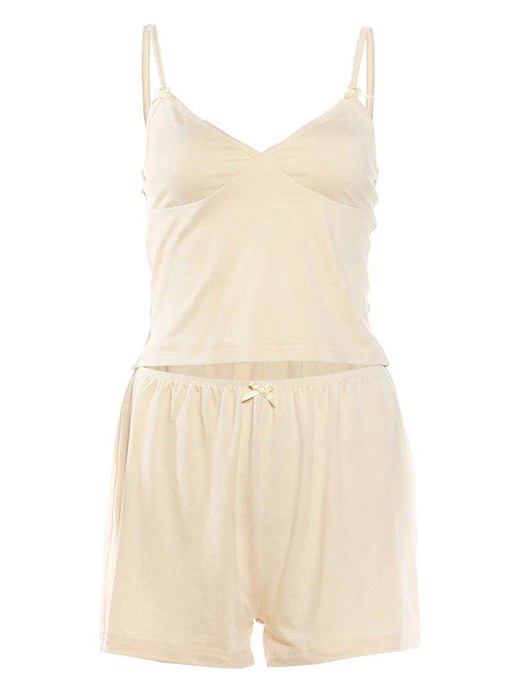 Sporty Streetwear Women Trend Simple 2-Piece Set Trend Fashion Bow Appliques Low Chest Camisole+Shorts Hottie Suits