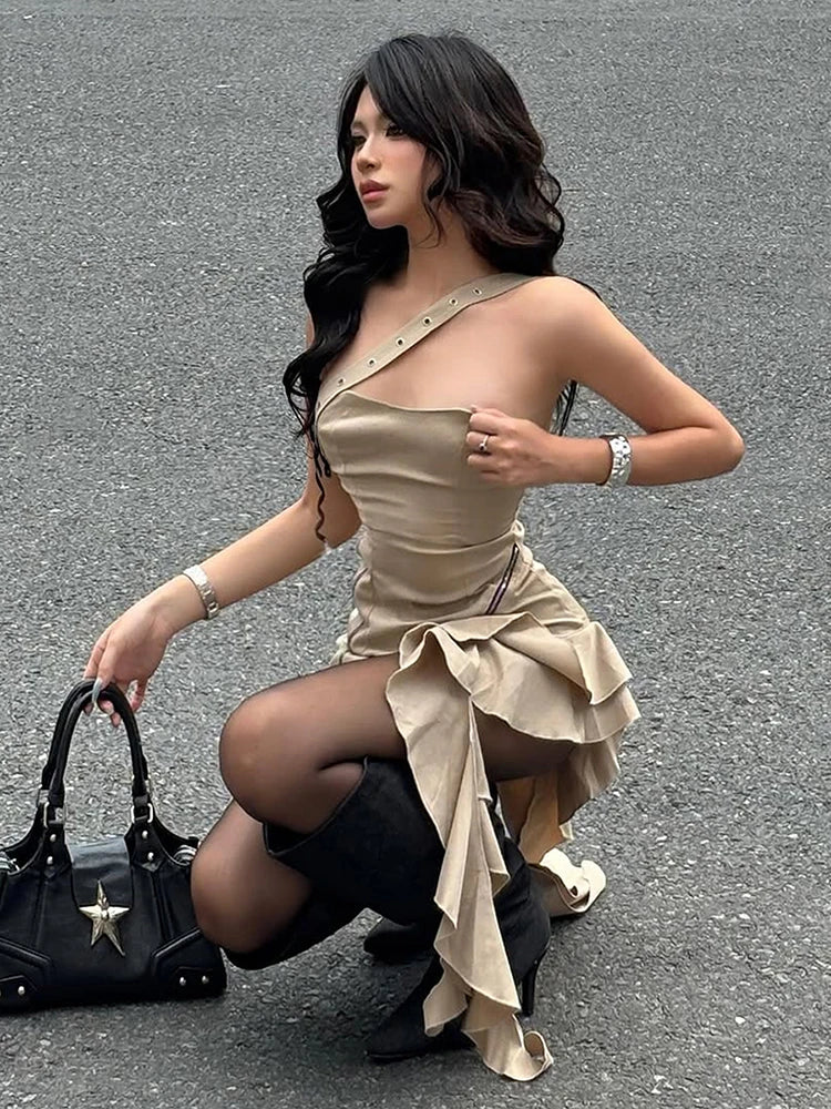 Sexy Irregular Dress Women Zip Tierred Ribbon Chest Wrapped Sleeveless Street Stretch Skinny Clubwear Mini Bodycon