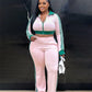 Sporty 2 Piece Set Women Tracksuit Casual Patchwork Zip Long Sleeves Crop Top+Stretch Pants Matching Street Outfits