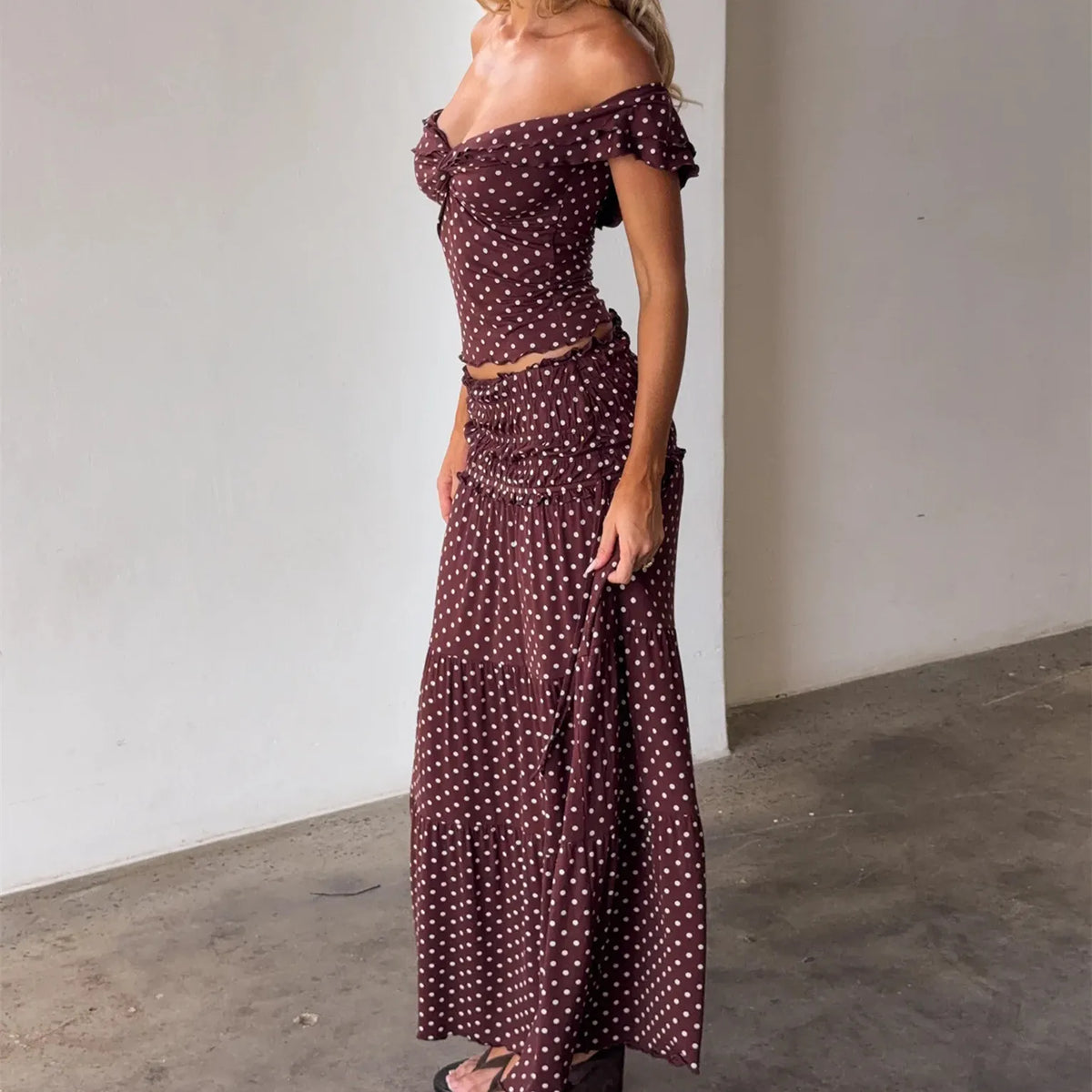 Y2K Women Polka Dot Two Piece Matching Set Off Shoulder Twist Crop Top High Waist Ruched Drawstring Tiered Maxi Skirt