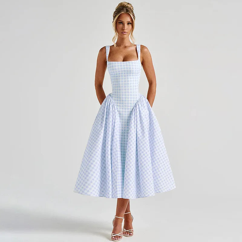 Women Sleeveless Corset Dress Summer Plaid Print Backless A-Line Party Dress for Vacation Cocktail Beach Streetwear