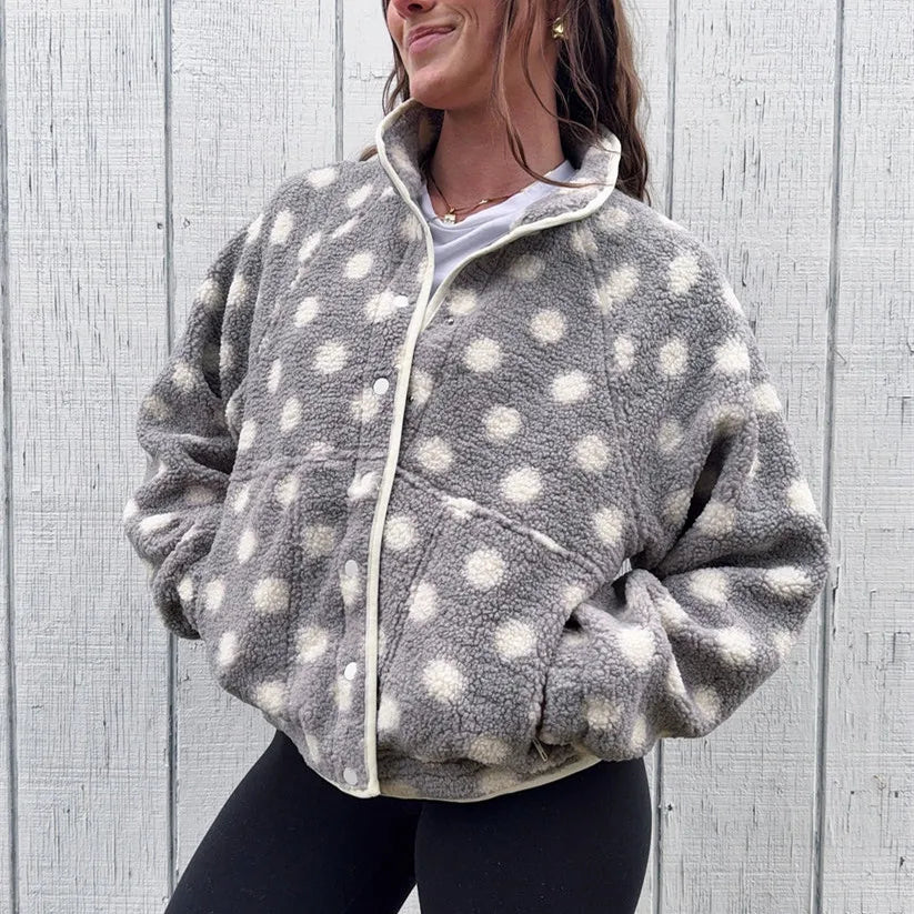 Womens Winter Warm Fleece Jacket Y2K Streetwear Polka Dot Pattern Long Sleeve Lapel Button Down Sherpa Coat Outerwear