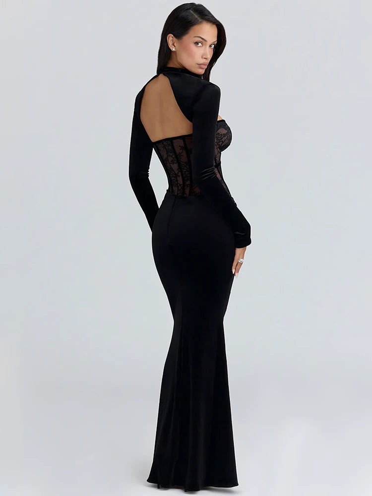 Long Sleeve Backless Sexy Maxi Dress Women Gown Elegant Lace Print Off-shoulder High Waist Ruched Bodycon Club Dresses