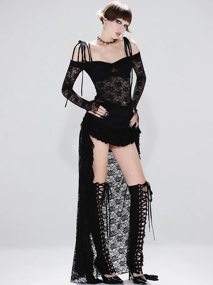 Irregular Hem Dress Women Slash Neck Sexy See Through Bandages Jacquard Lace Full Sleeve Ruched Ruffled Party Bodycon