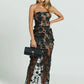 Women Strapless 3D Floral Lace Mermaid Sexy Maxi Dress Sheer Mesh Bodycon Long Dress Wedding Guest Evening Party Gown