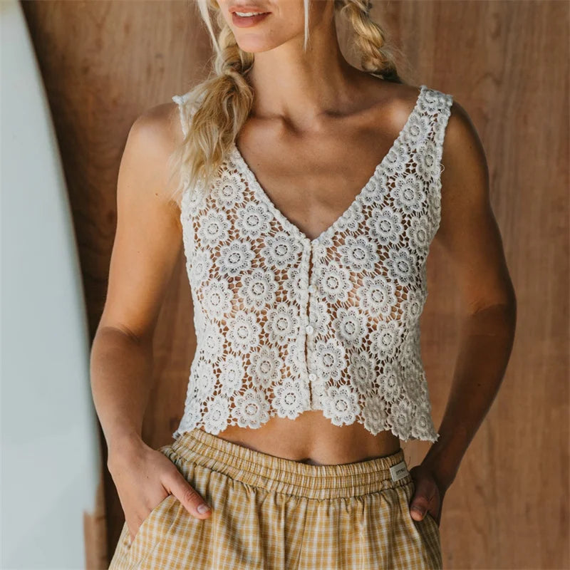 Women Crochet Lace Sleeveless Crop Top V Neck Button Down Floral Hollow Out Tank Top for Summer Beach and Vacation