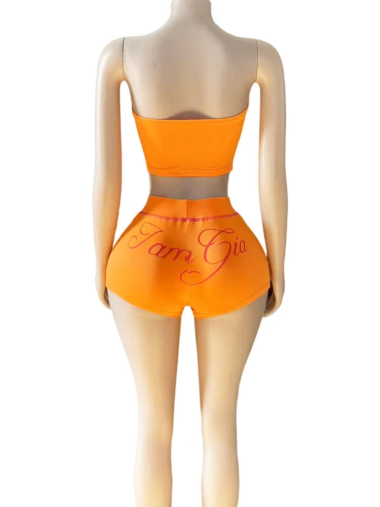 Letter Print Women 2 Piece Set Tracksuit Letter Print Strapless Tos+Shorts Matching Streetwear Skinny Stretch Outfits