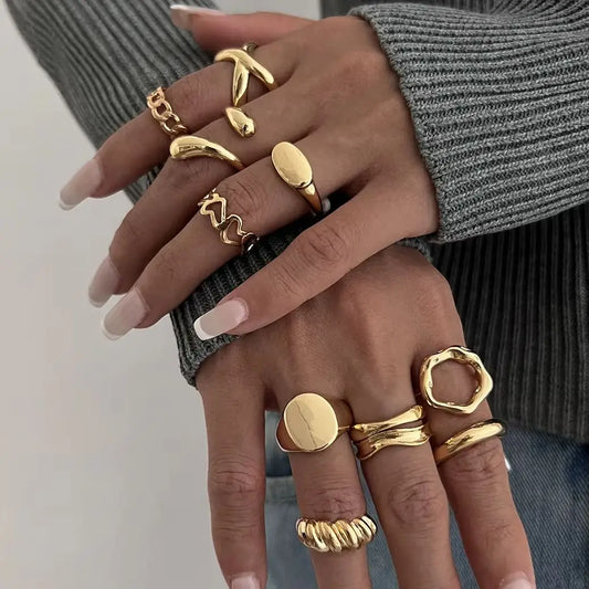 10Pcs/Set Vintage Creative Gold Color Open Rings for Women Wed Bridal Exquisite Metal Finger Rings Party Jewelry Gift