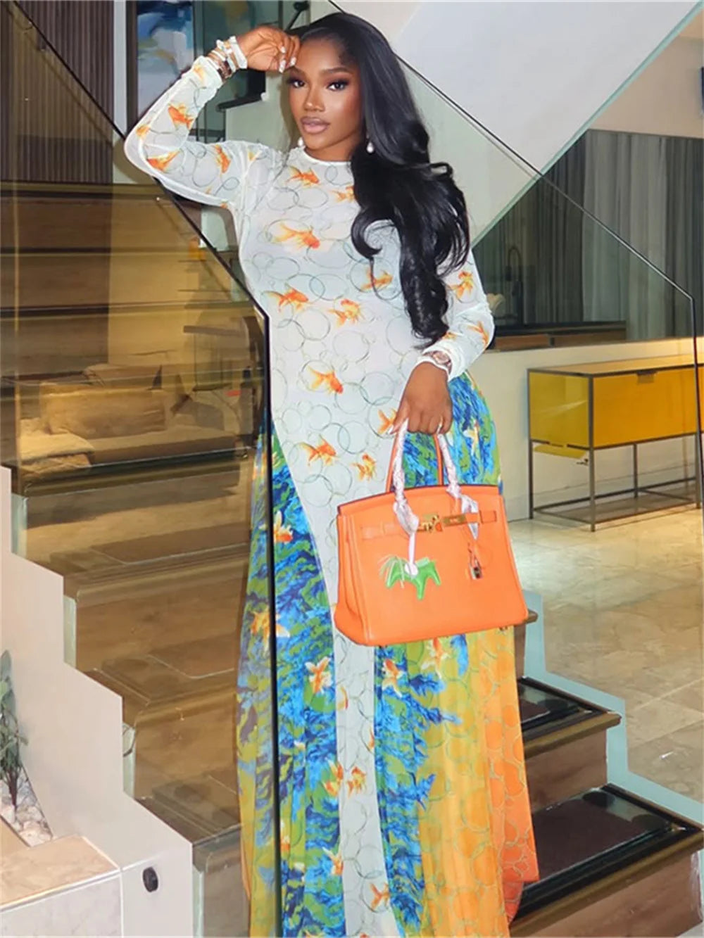 Goldfish Print Patchwork Dress Women Sexy See Through Long Sleeve Y2K Skinny Party Midnight Clubwear Party Vestidos