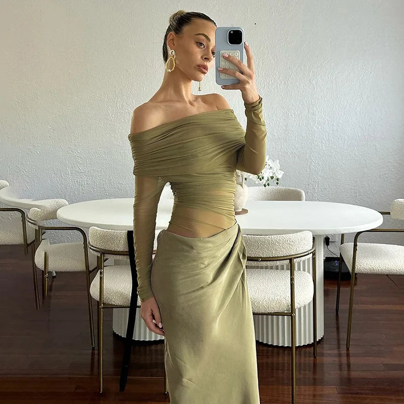Off Shoulder Long Dresses See Through Mesh Spliced Black Dinner Dress Sexy Elegant Birthday Outfits