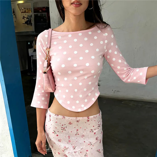 Polka Dot Boat Neck 3/4 Sleeve Crop Top Curved Pointed Scalloped Hem Slim Skinny Short Tee Women Casual Basic Blouse