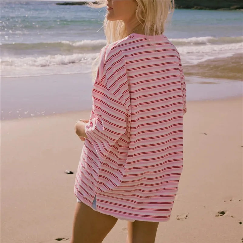 Y2K Pink Striped Oversized T Shirt Casual Loose Half Sleeve Crew Neck Tee Grunge Aesthetic Streetwear Summer Top
