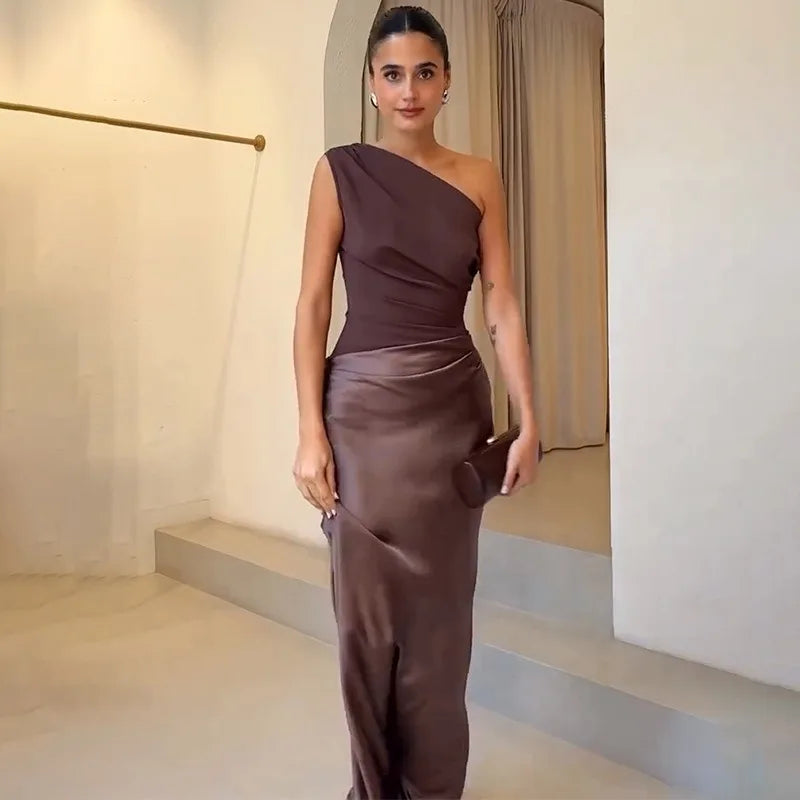 Satin Patchwork One Shoulder Backless Maxi Dress Elegant Evening Dresses Woman Party Outfits Summer