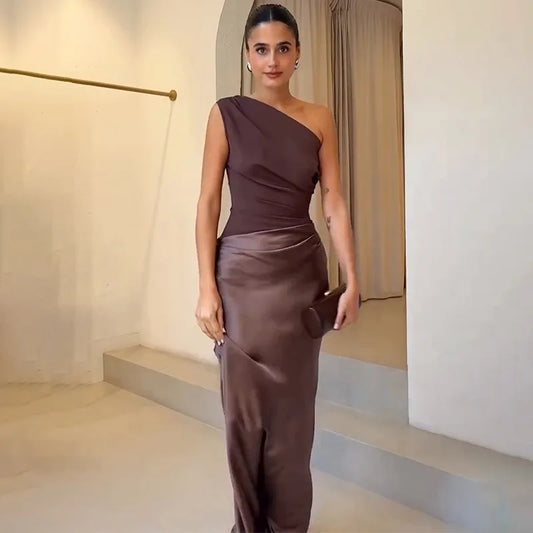 Satin Patchwork One Shoulder Backless Maxi Dress Elegant Evening Dresses Woman Party Outfits Summer