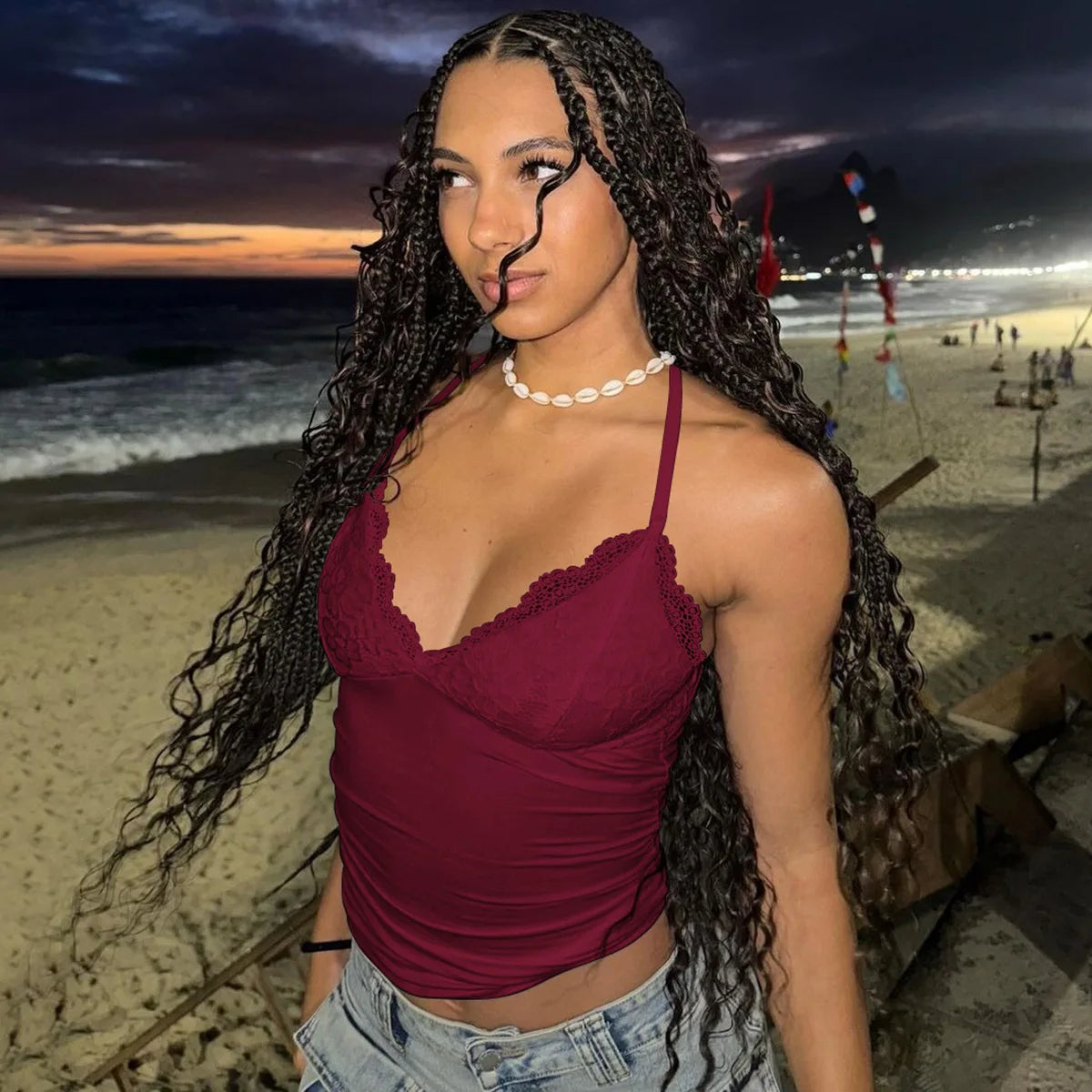 Lace Trim Deep V Halter Crop Tops White Sexy Tanks & Camis Fashion Clothes Going Out Top Women Club Wear