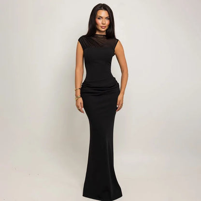 Sheer Mesh Patchwork Fishtail Maxi Dress Pink Black Party Dresses Woman Elegant Luxury Ball Gowns