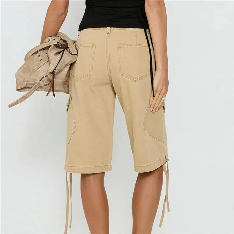 Women's Y2K Low Waist Cargo Bermuda Shorts Drawstring Tie Hem Knee Length Pants with Pockets Casual Loose Fit Streetwear