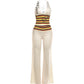Letter Print 2 Piece Set Woman Colorful Striped Halter Low-Neck Backless Tank Tops+Flare Pants Casual Fashion Suits