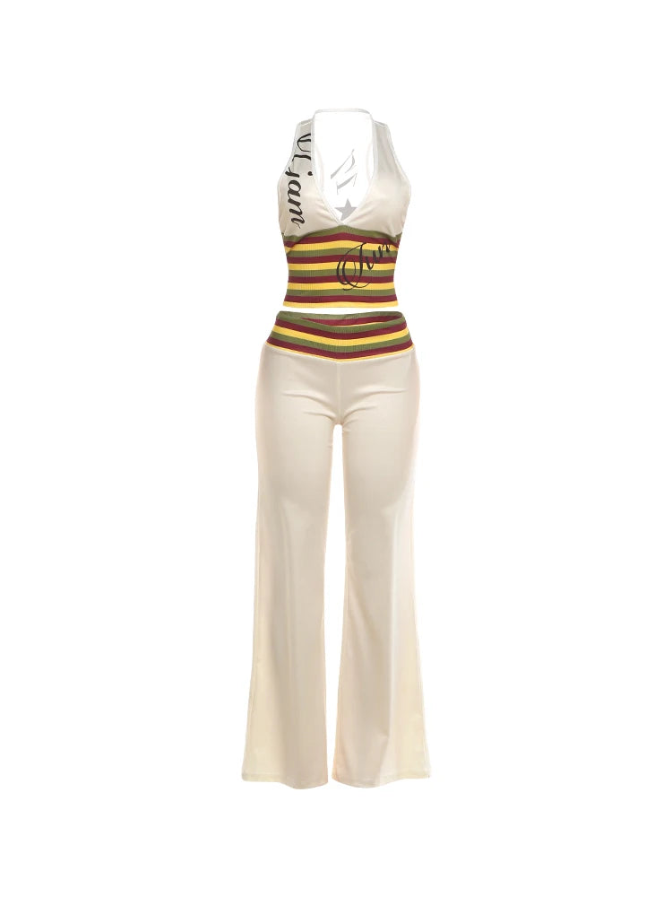 Letter Print 2 Piece Set Woman Colorful Striped Halter Low-Neck Backless Tank Tops+Flare Pants Casual Fashion Suits