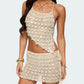 Women Y2K Crochet Mini Skirt Outfit Backless Asymmetric Hem Halter Top and Bodycon Skirt Festival Matching Set