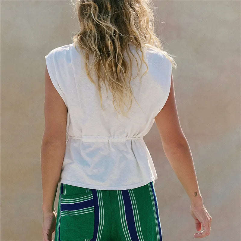 Women V Neck Sleeveless Tie Waist Tank Top Irregular Asymmetrical Hem Peplum Blouse Casual Summer Beach Vacation Vest