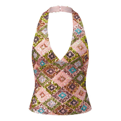 Y2K Sparkly Sequin Halter Neck Top V Neck Sleeveless Geometric Pattern Crop Top for Streetwear and Going Out Styling