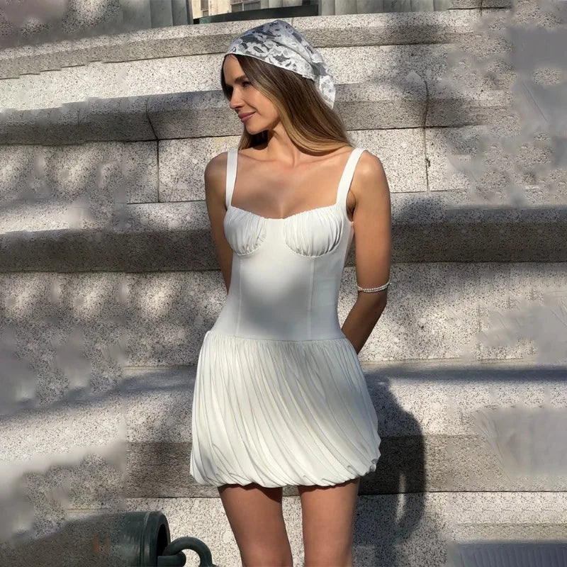 Square Neck Sleeveless Backless Pleated Mini Dresses Summer Dress Holiday Pink White Coquette Clothes