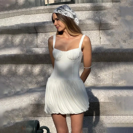 Square Neck Sleeveless Backless Pleated Mini Dresses Summer Dress Holiday Pink White Coquette Clothes