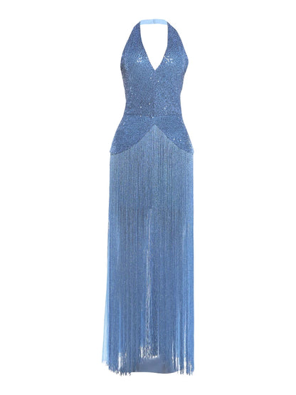 Tassel Decoration Gown Dress Woman Sexy Shiny Sequin Halter Low-Neck Shape Waist Hem Evening Prom Party Elegant Vestidos