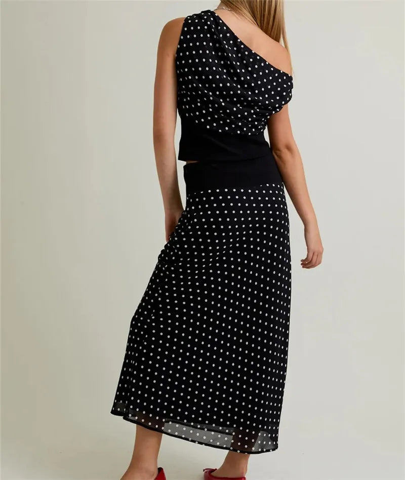 Women's 2 Piece Skirt Outfits Off One Shoulder Y2K Dots Print Tank Tops and Long Skinny Skirt Set Summer Party Clubwear